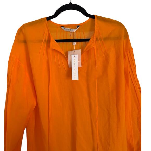 Trina Turk Cape Coral Split V Tie Neck Top Cotton Blouse XS, Orange | NEW $248 - Picture 4 of 5